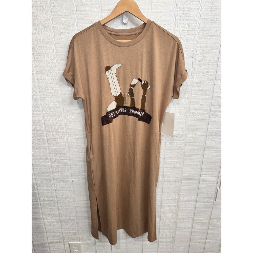 MK Hot Cowgirl Summer T-Shirt Dress Women Tan Sequin Graphic Midi Small
